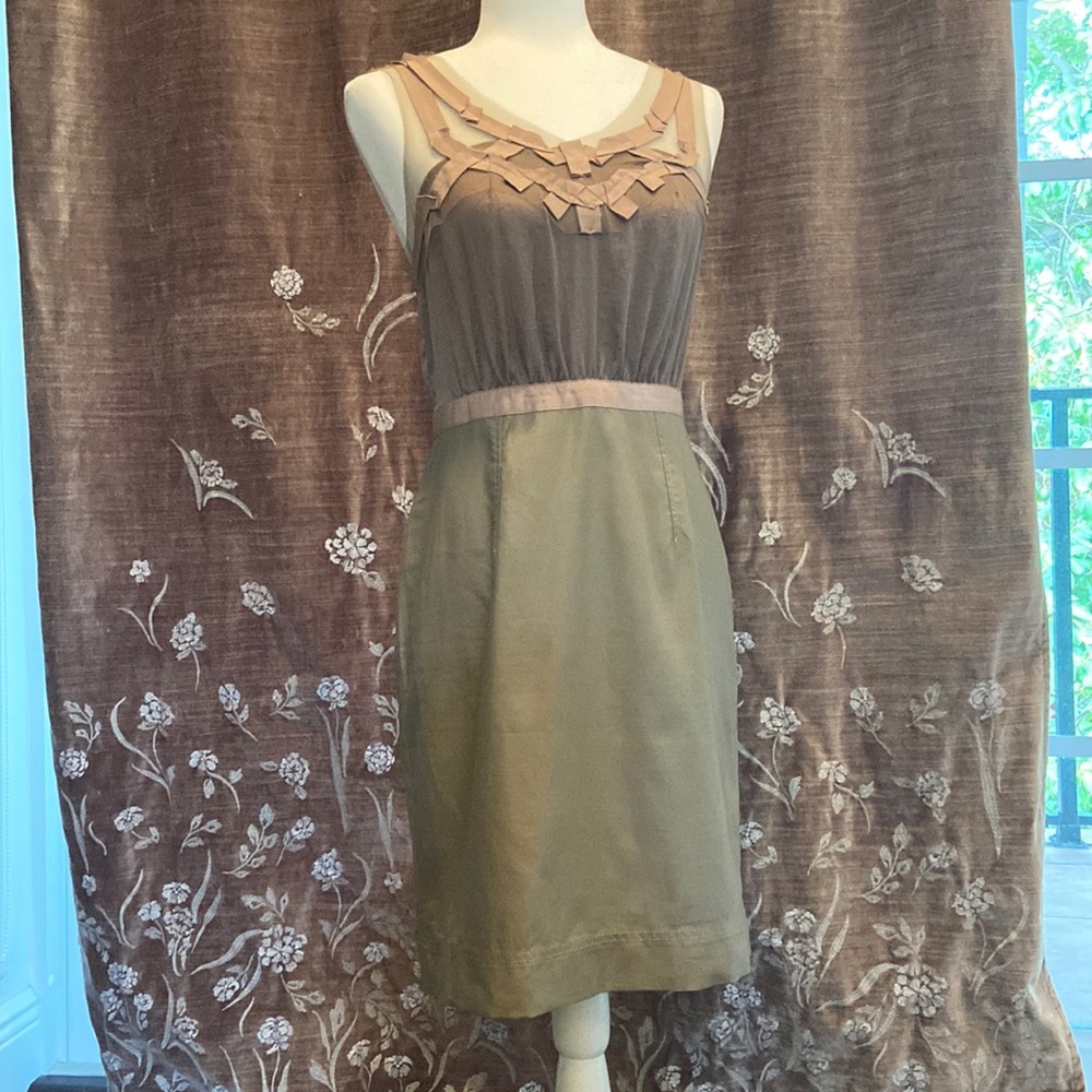 LOFT khaki dress size 2 pink ribbon and sheer detail